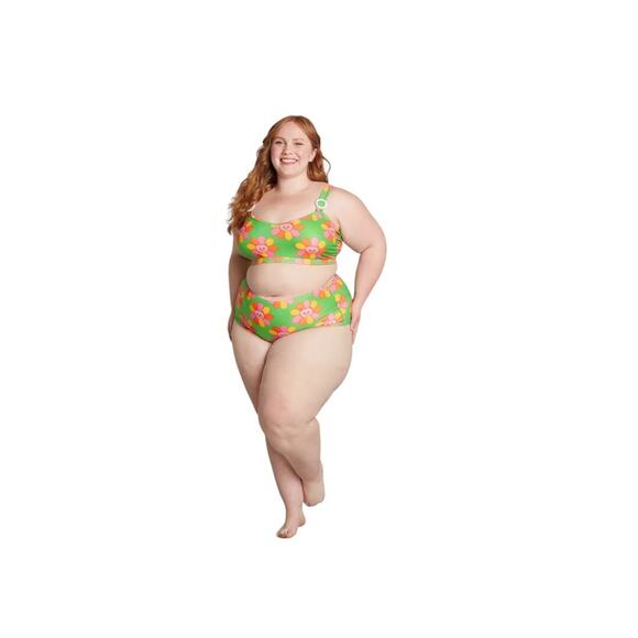 ModClothxMarisol Muro Green Petals Cat Faces Sara High-Waisted Bikini Bottom SM - Picture 10 of 10